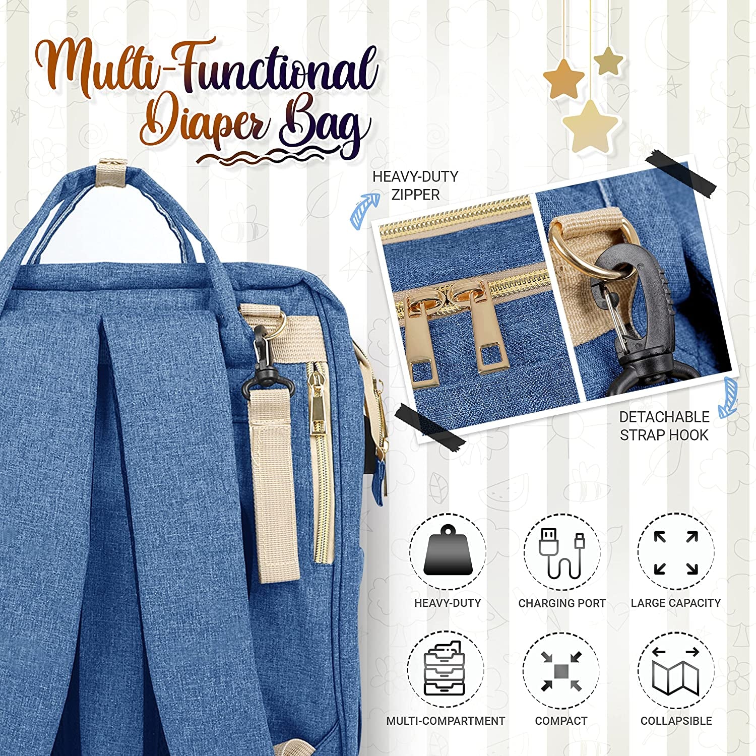 Diaper Bag with Changing Station – Diaper Bag Backpack and USB Port, Insulated Bottle Bag, Mosquito Net, Sunshade – Comfortable and Stylish with Practical Stroller Hooks (Blue)