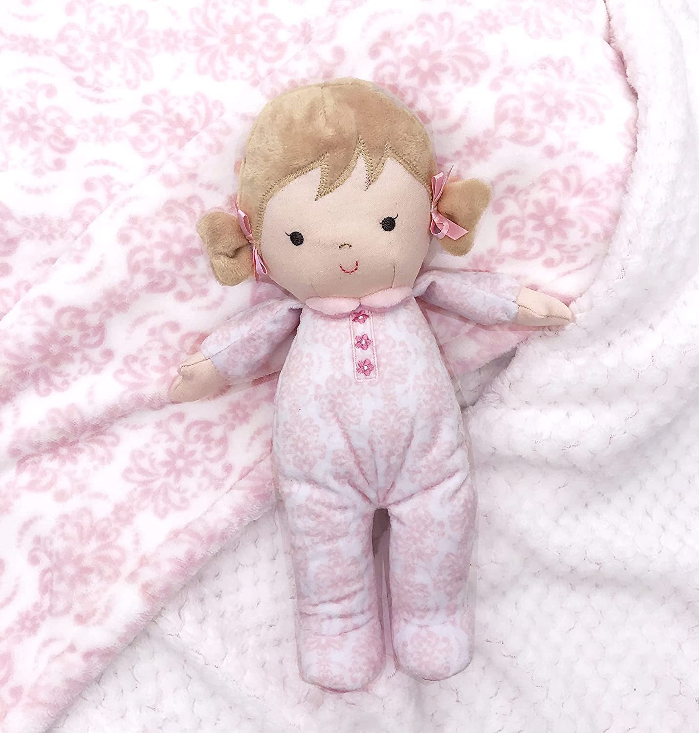 Little Me Plush Baby Doll with Rattle, Brigitte (Pink Floral, 10 Inch)