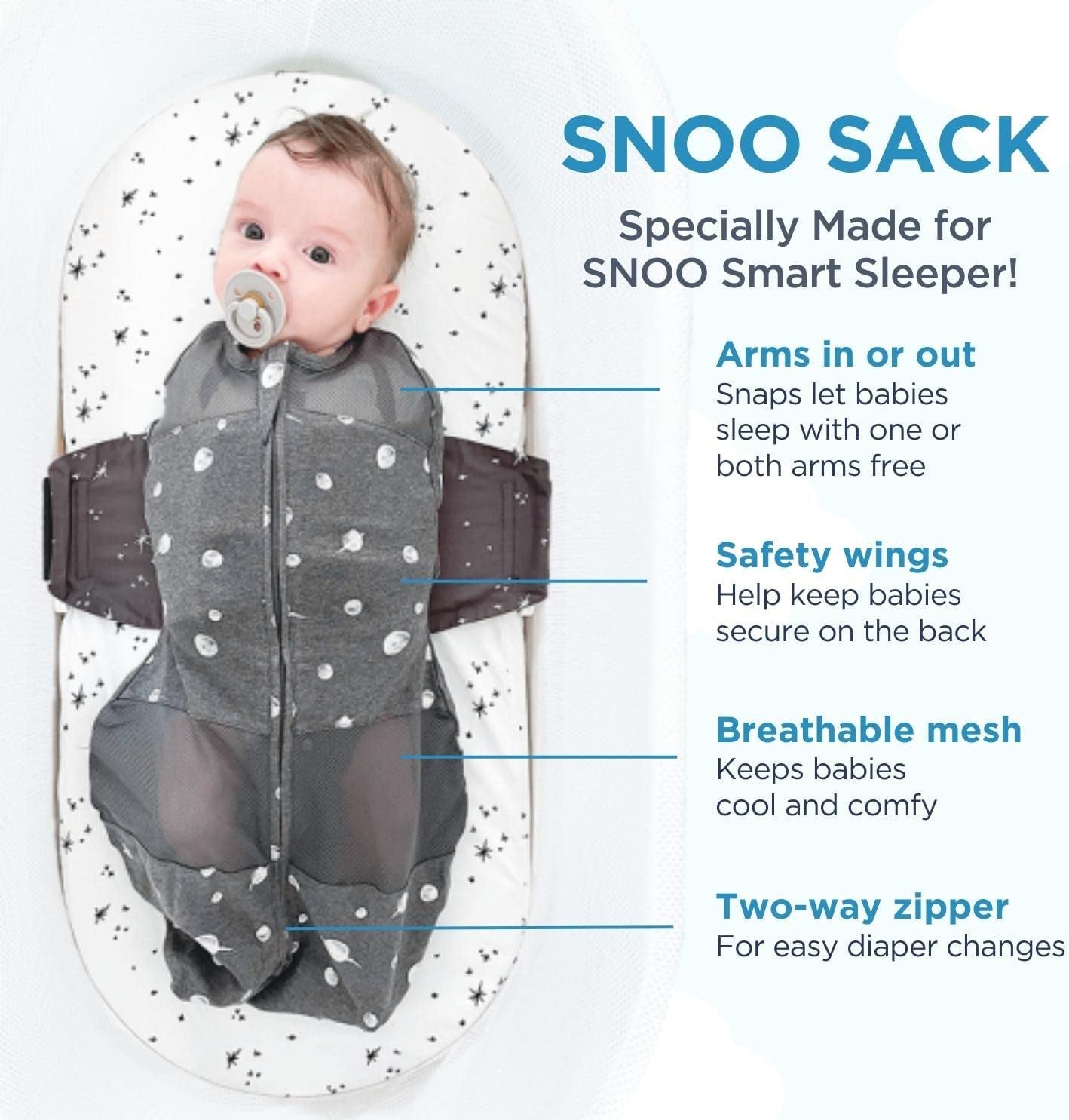 SNOO Sleep Sack - 100% Organic Cotton Baby Swaddle Blanket - Doctor Designed Promotes Healthy Hip Development (Graphite Stars, Small)