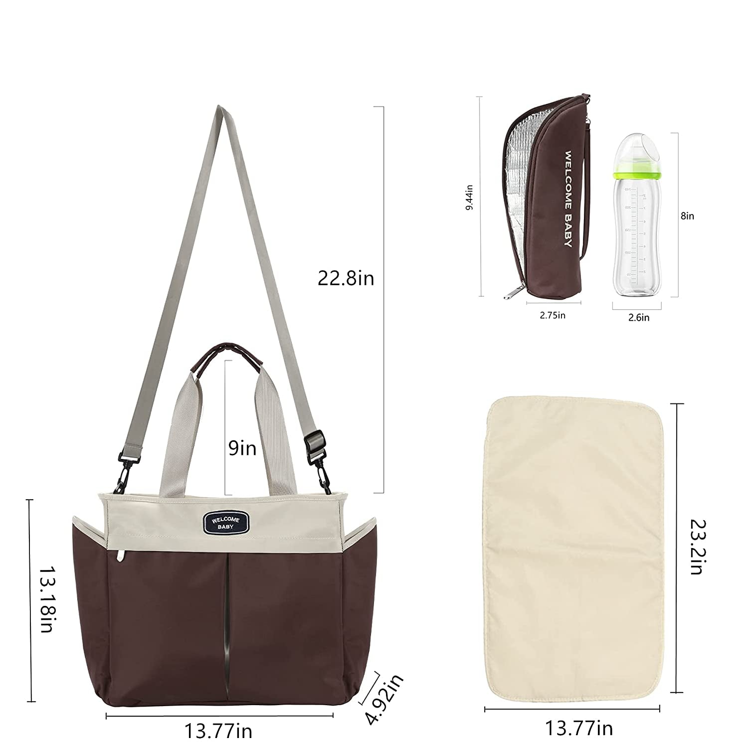 Diaper Bag Tote Bag with Insulated Baby Bottle Bag and Changing Mat, Large Travel Diaper Bag for Mom and Dad, Multifunctional Baby Bag for Boys and Girls (Brown)