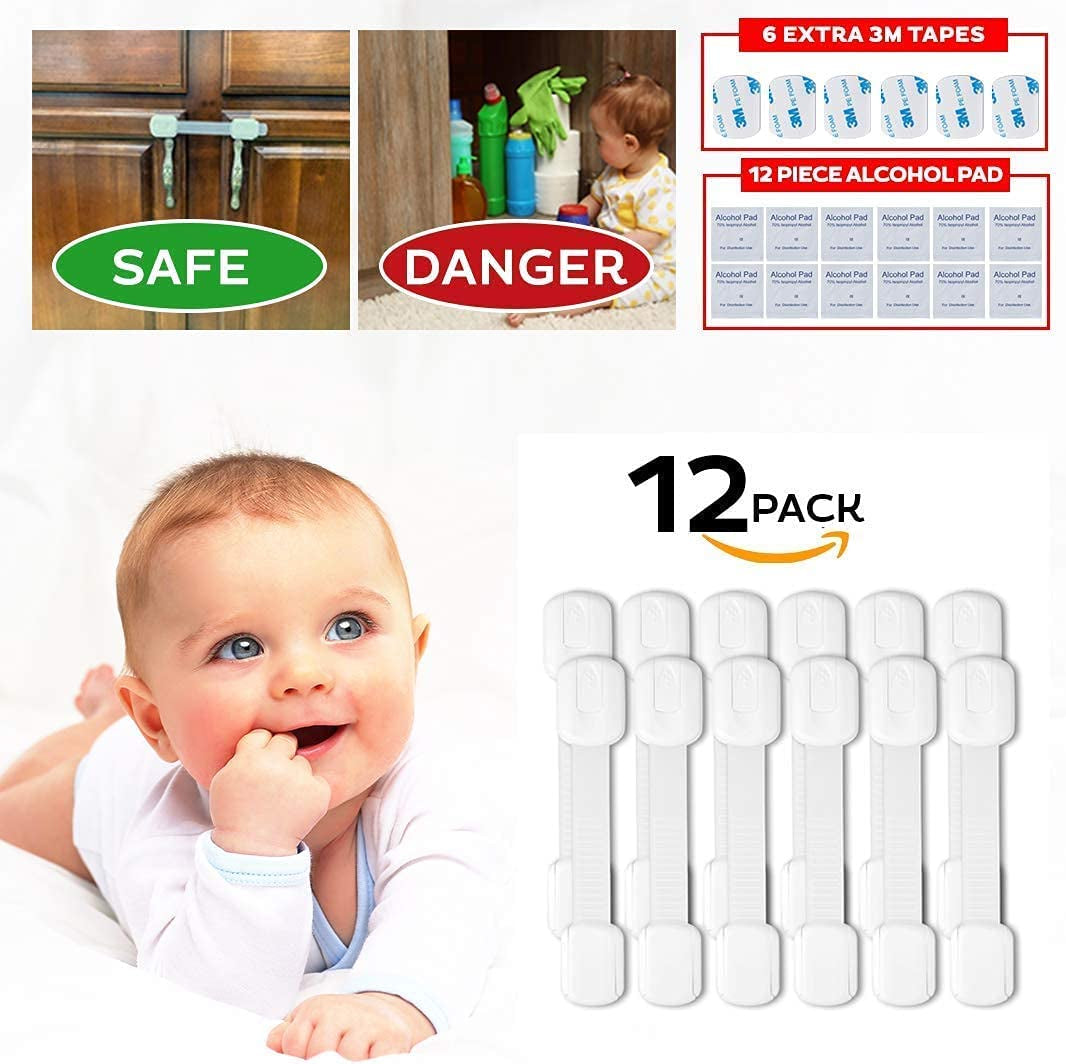 Safety Cabinet Proofing for Babies - 3M Adhesive Baby Proofing Straps, Refrigerator Lock Straps, Child Proof Locks for Cabinet, Toilet Seat,Cupboard,Door with Easy Installation (12 Pack)