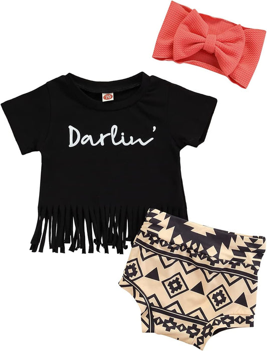 Newborn Baby Girls Clothes Sets 3Pcs Letter Short Sleeve Tassel T Shirts Snakeskin Printed Shorts Headband