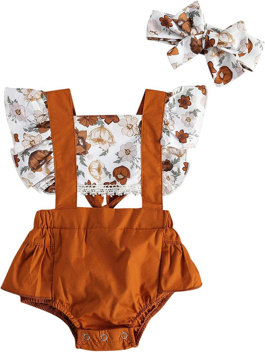 Newborn Kids Baby Girls Clothes Floral Jumpsuit Romper Playsuit Backless Ruffle Headband Sunsuit Outfits